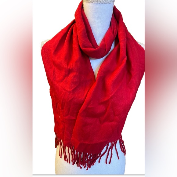 Cejon Women’s Italian Solid Woven Fringe Scarf Red Holiday Red - Picture 3 of 7